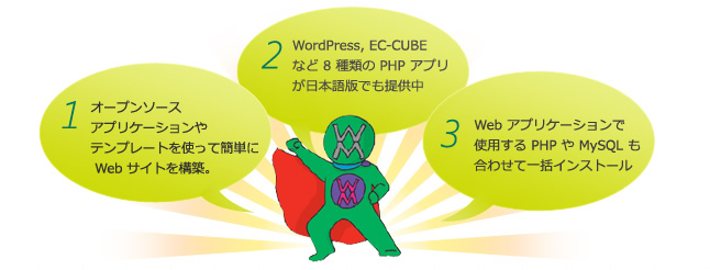 1. オープンソース アプリケーションやテンプレートを使って簡単に Web サイトを構築。2. WordPress, EC-CUBE など 8種類のPHP アプリが日本語版でも提供中 3. Web アプリケーションで使用する PHP や MySQL も合わせて一括インストール